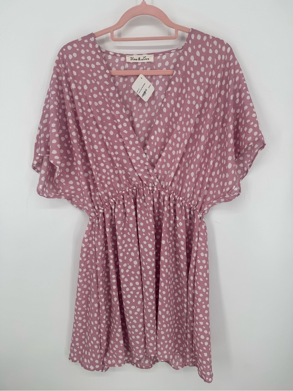 Vine & Love Mauve Pink Polka Dot Babydoll Dress Boho Flutter Sleeve Medium NWT